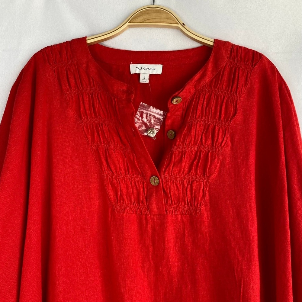 Calligraphie Linen Blend Boxy Kimono Top Women Size S Red Lagenlook SlouchyNWT - Picture 4 of 8